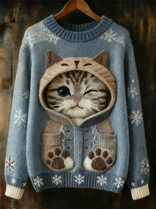 Women's Cat Print Crew Neck Sweater