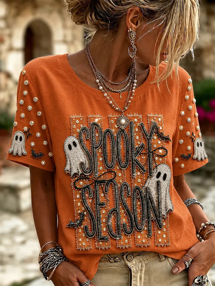 Women's Halloween Ghost Pattern Crew Neck Short Sleeve T-shirt