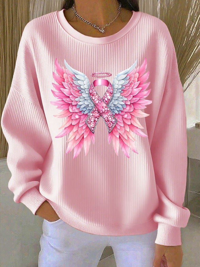 Women's Breast Cancer Awareness Print Knit Crew Neck Long Sleeve Top