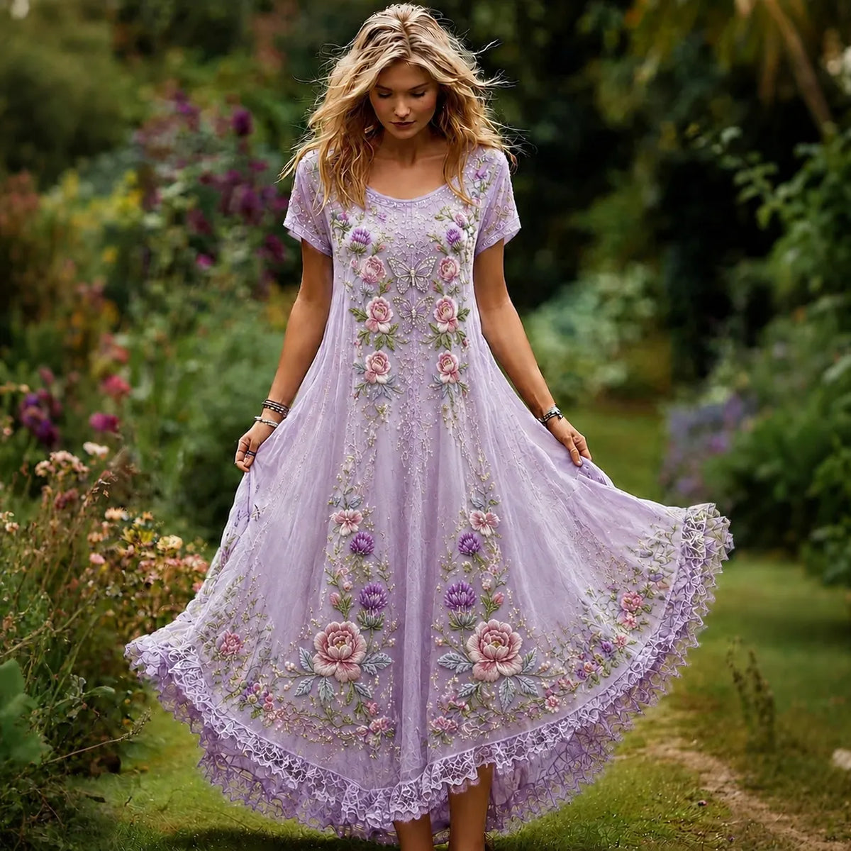 Women's Vintage Floral And Butterfly Embroidery Art Flowy Short Sleeve Maxi Dress