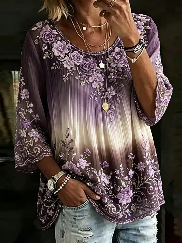 Women's Purple Floral And Rhinestone Art Texture Casual Crew Neck Top