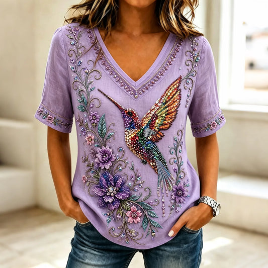Women's Vintage Classy Purple Floral & Hummingbird Embroidery Art Short Sleeve Linen T-shirt