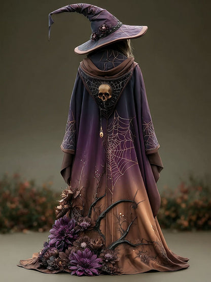 Women's Halloween Skull Spider Floral Design Hooded Cape