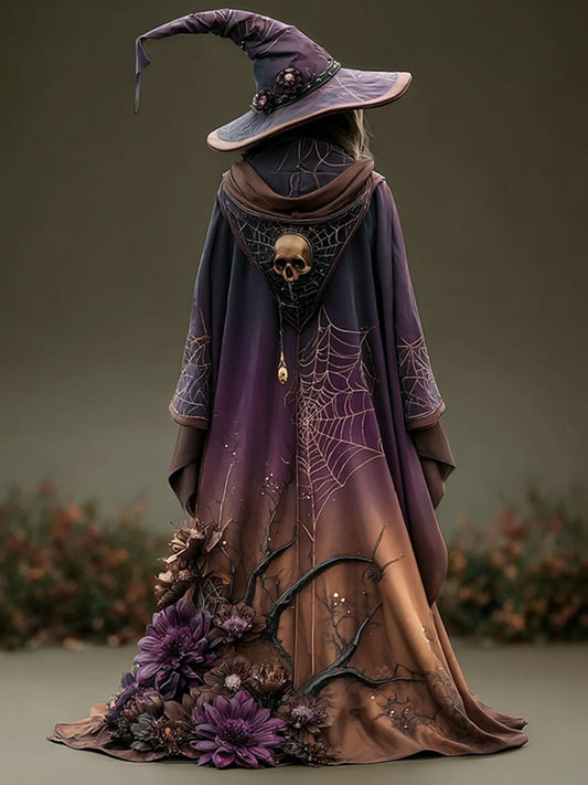 Women's Halloween Skull Spider Floral Design Hooded Cape