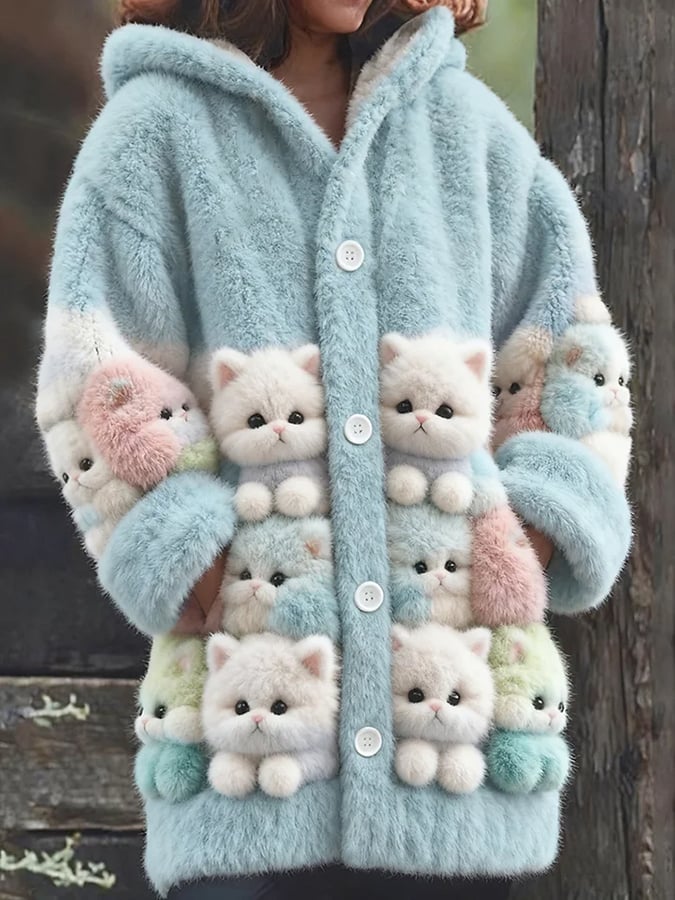Women's Animal  Fun Cat Print Flannel Warm Jacket