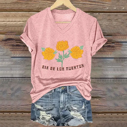 Mexican Retro Day Of The Dead Dia De Los Muertos Inspired Painting V-Neck T-Shirt