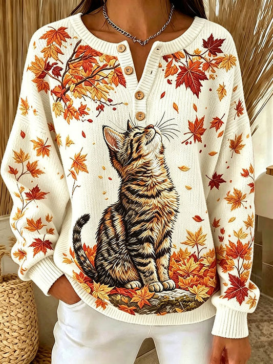 Women's Casual Print Button-Up Collar Knit Top