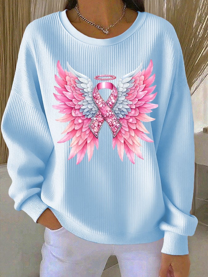 Women's Breast Cancer Awareness Print Knit Crew Neck Long Sleeve Top
