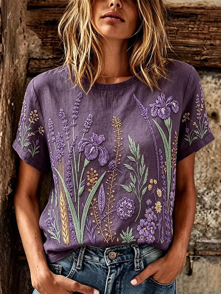 Women's Vintage Floral Embroidery Art Crew Neck Short Sleeve T-shirt