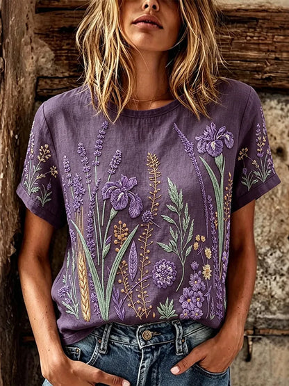 Women's Vintage Floral Embroidery Art Crew Neck Short Sleeve T-shirt