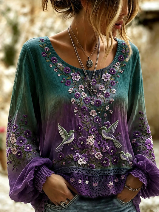 Women's Retro Floral Hummingbird Art Pattern Cotton Linen Round Neck Long Sleeve Top