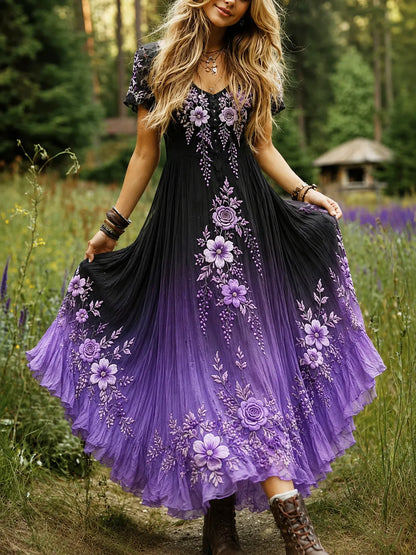 Women's Purple Floral Gradient Print Fresh Round Neck Dress