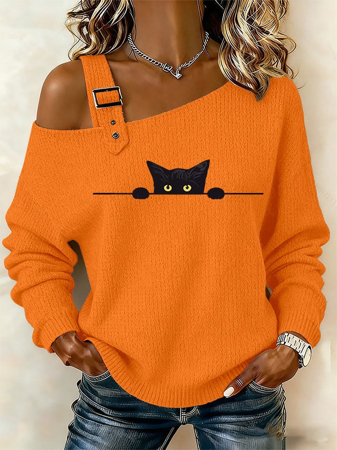Women's Cute Cat Print Off-Shoulder Knit Top