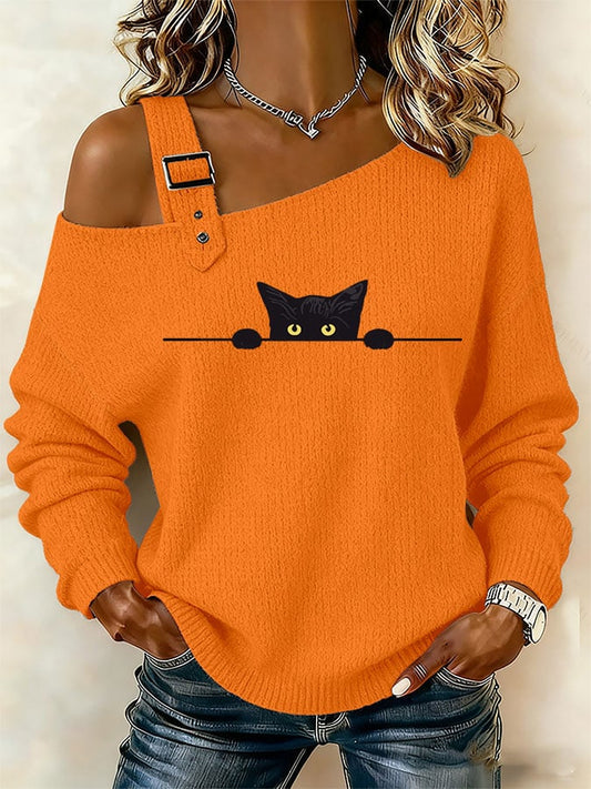 Women's Cute Cat Print Off-Shoulder Knit Top