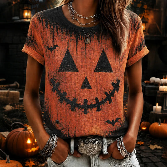 Women's Halloween Pumpkin Face Art Print T-shirt