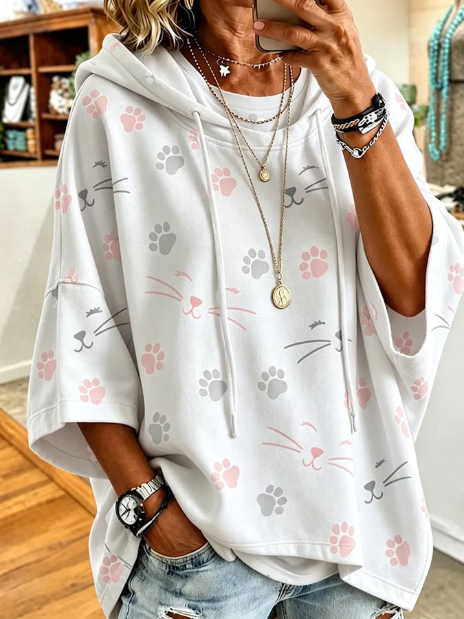 Women's Loose-Fit Casual Cat-Print Sweatshirt