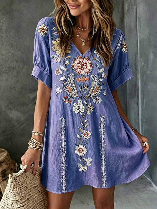 Women's Vintage Ethnic Floral Embroidered Casual Short Dress