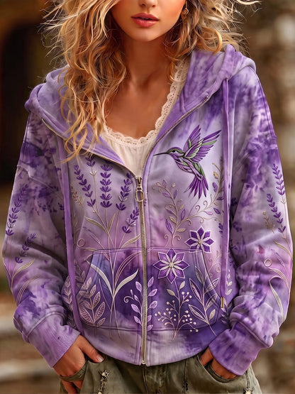 Women's Retro Floral And Hummingbird Art Print Casual Zip Up Hoodie