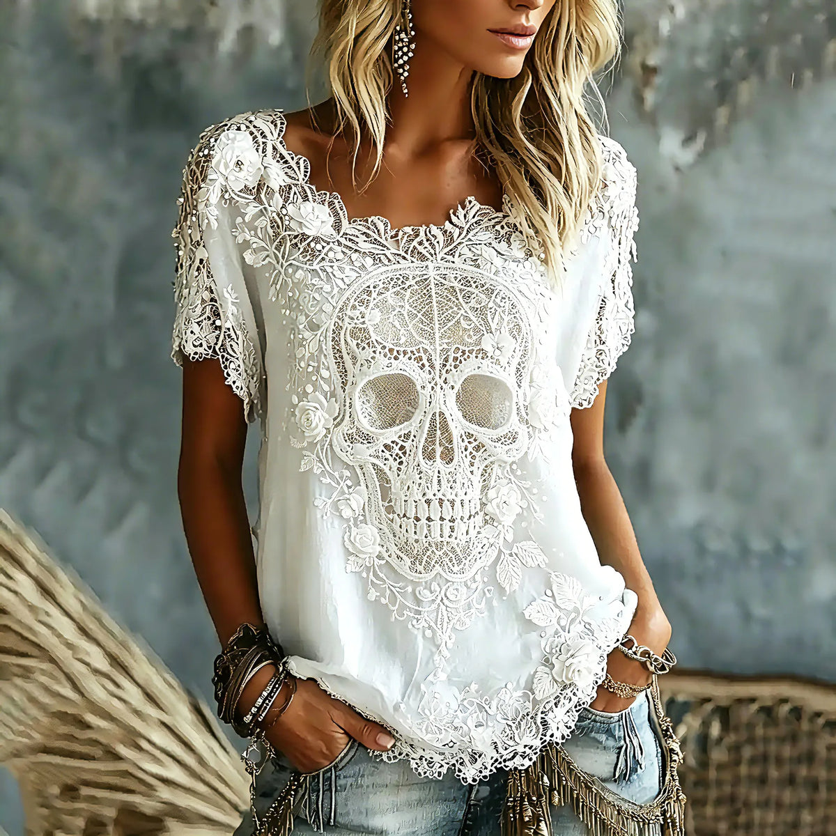 Women's Vintage Skull Floral Art Linen Blend Short Sleeve Tops