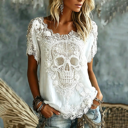 Women's Vintage Skull Floral Art Linen Blend Short Sleeve Tops