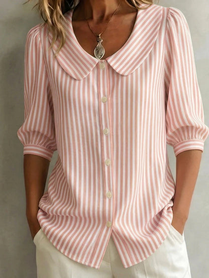New Arrivals🔥 Women's Retro Peter Pan Collar Striped Cotton Linen Shirt
