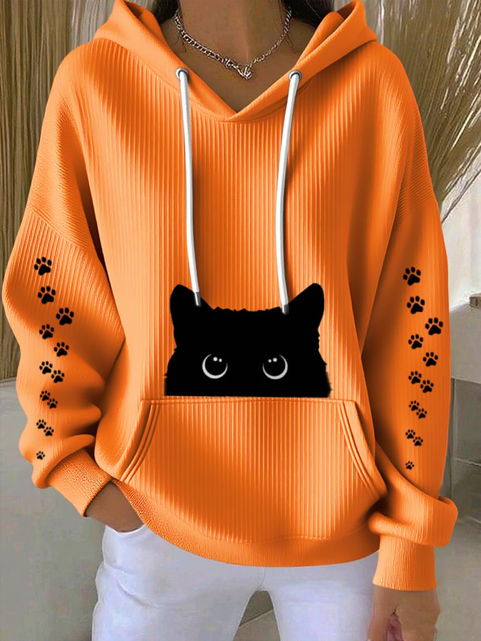 Women's Casual Black Cat Textured Hoodie