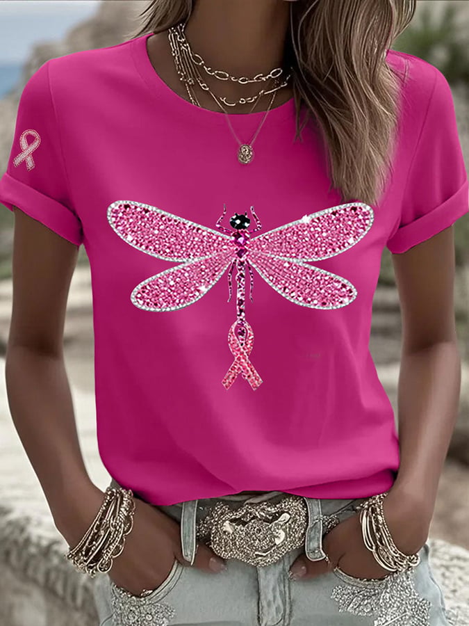 Women's Pink Dragonfly Print Round Neck T-Shirt