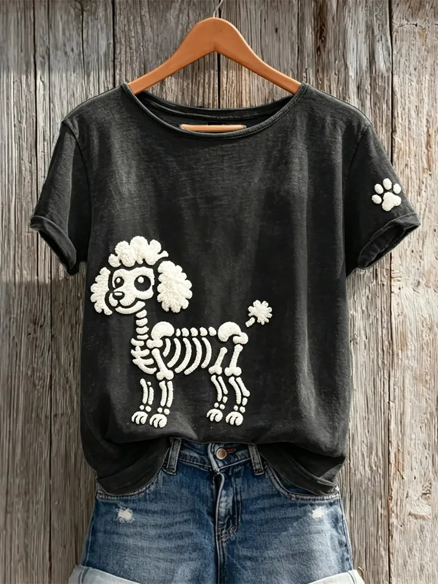 Women's Halloween Skull Poodle Pattern Art Print Casual T-shirt