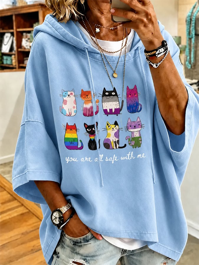 Women's Casual Cat Print Loose Hoodie