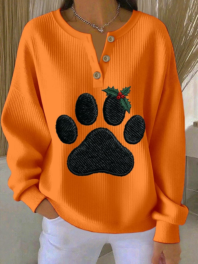 Women's Paw Print Knitted Crew Neck Long Sleeve Top