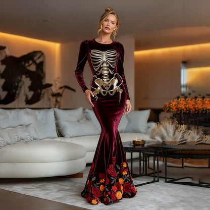 Women's Vintage Mariachi Day Of The Dead Skeleton Bones Art Velvet Maxi Dress