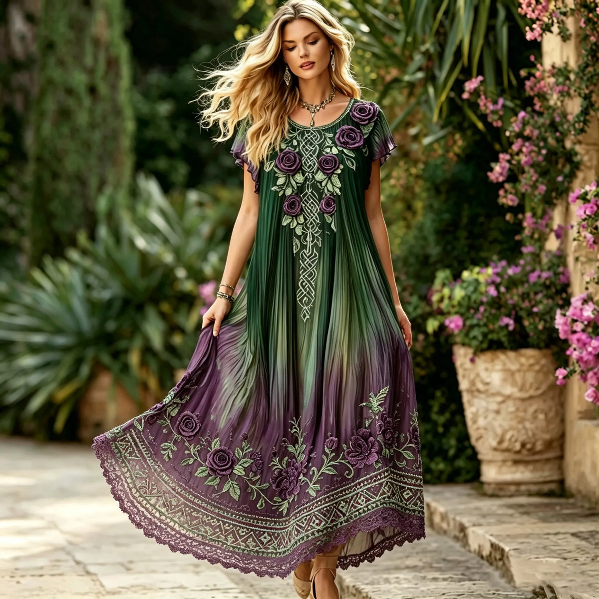 Women's Vintage Celtic Knot And Purple Floral Embroidery Gradient Casual Dress