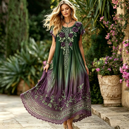 Women's Vintage Celtic Knot And Purple Floral Embroidery Gradient Casual Dress