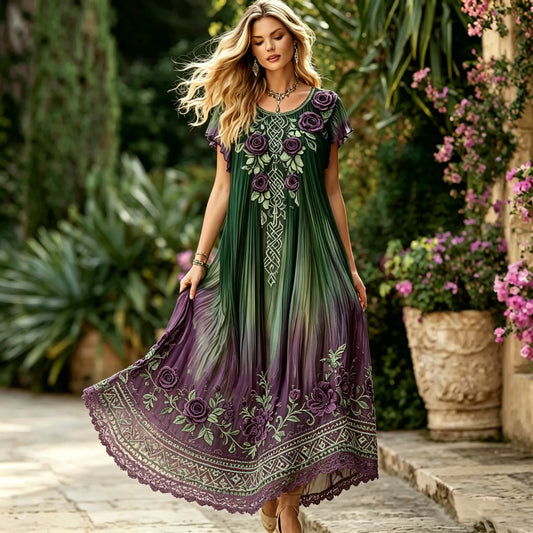 Women's Vintage Celtic Knot And Purple Floral Embroidery Gradient Casual Dress