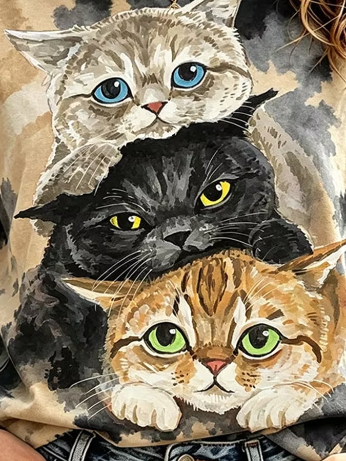 Women'S Casual Cat-Print Top