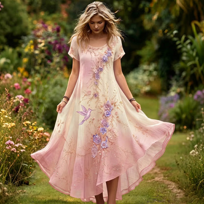 Women's Purple Floral & Hummingbird Print Alzheimer's Awareness Casual Dress