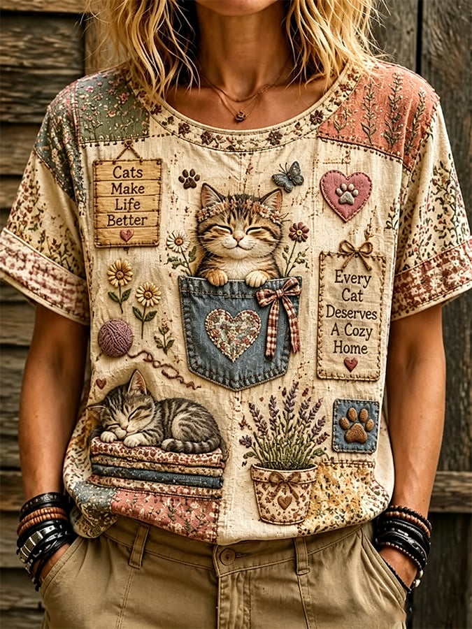 Women'S Animal Cat Floral Print T-Shirt