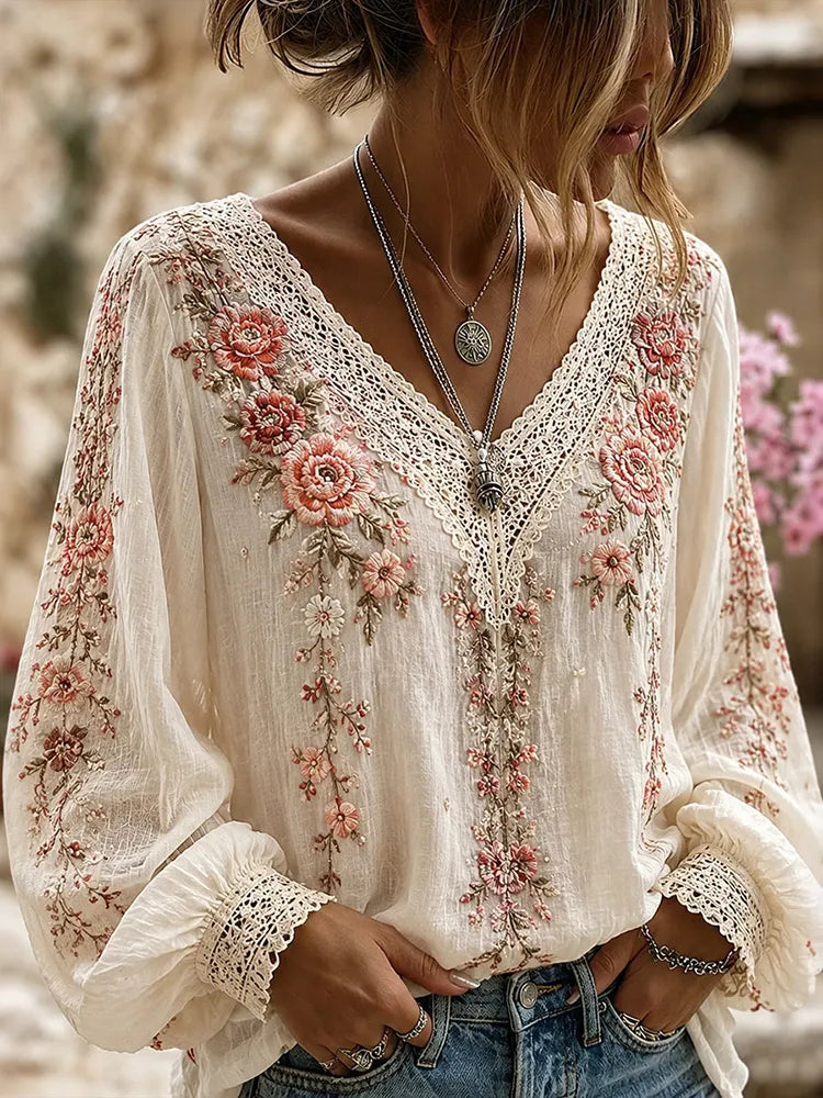 Women's Floral Bohemian Resort Cotton Linen Long-sleeved V-neck Top