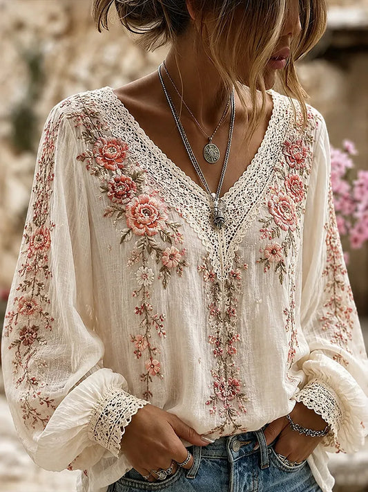 Women's Floral Bohemian Resort Cotton Linen Long-sleeved V-neck Top