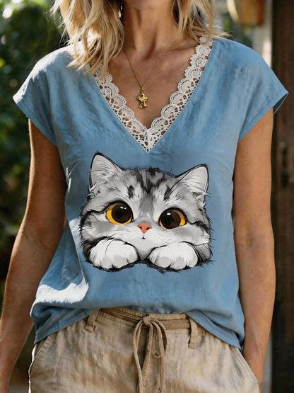Lace Trim V Neck Cute Cat Graphic Cap Sleeve Casual Blouse
