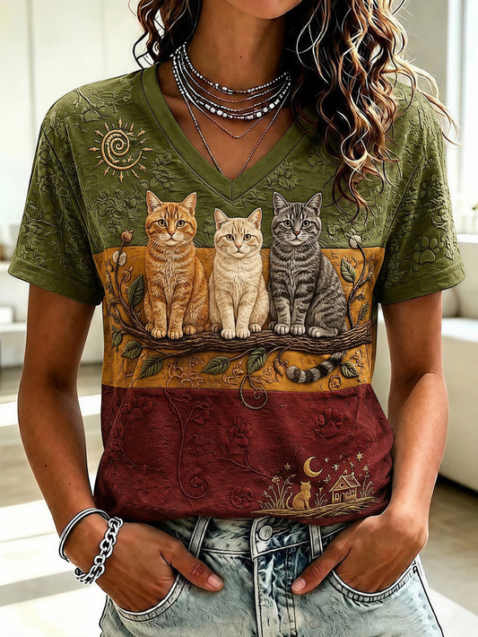 Women's Vintage Garden Cat Print T-Shirt