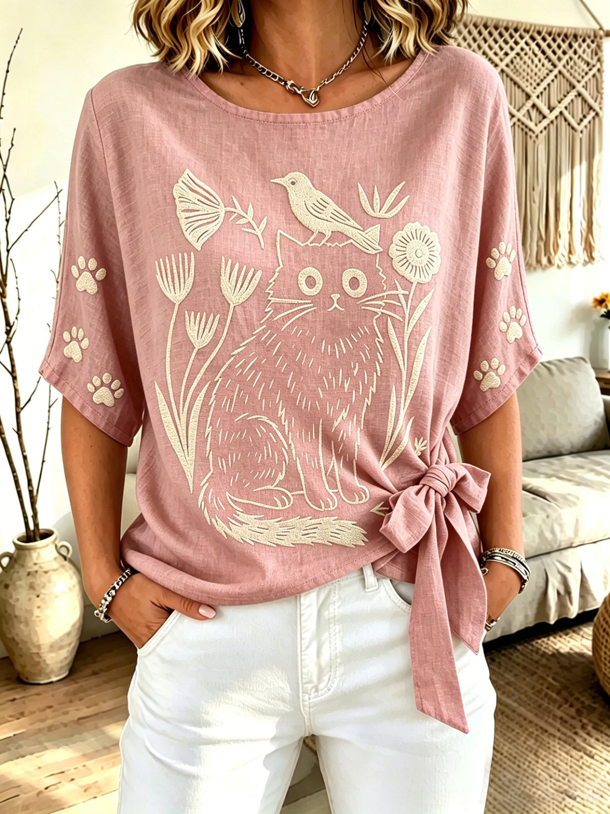 Women's Cat-Print Crew-Neck Tie-Front Top