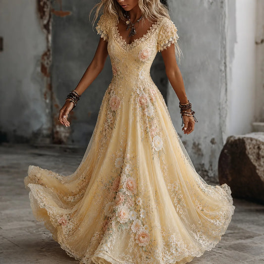 Women's Retro Bohemia Floral Embroidered Gradient Art Flowy Maxi Dress