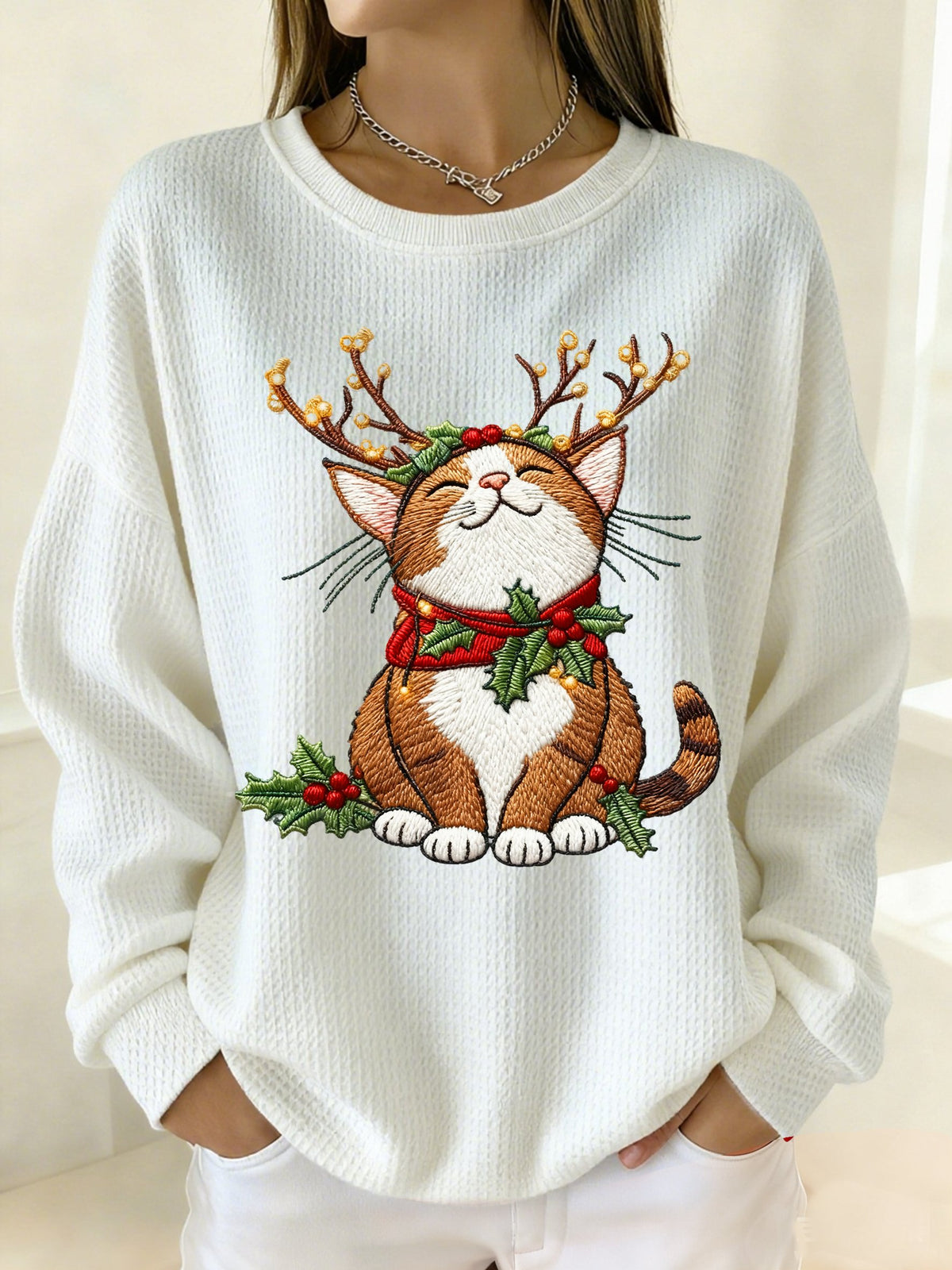 Women's Winter Christmas Cat Print Crew Neck Waffle Top