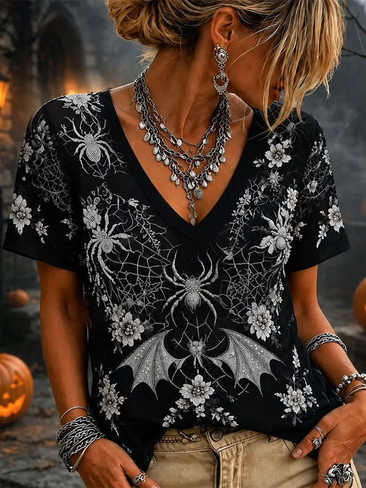 Women 3d Silver Spider Bat Floral Lace Mesh V Neck Short Sleeve Gothic Witch Halloween Top