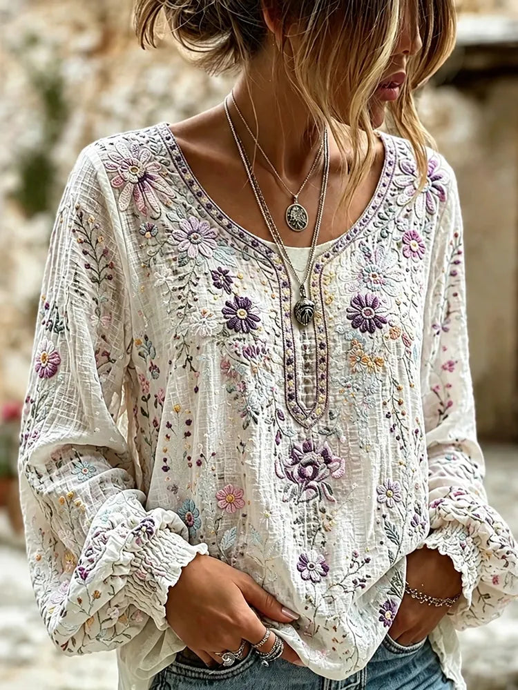 Women's Retro Boho Floral Art Cotton Linen Crew Neck T-shirt