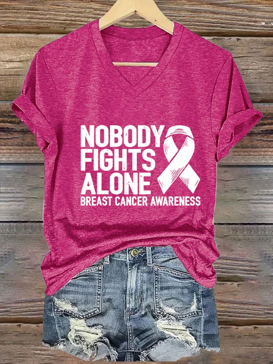 Women's Nobody Fights Alone Breast Cancer Awarenes print casual T-shirt