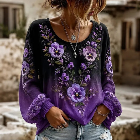 Women's Retro Pansy Embroidery Art Crew Neck Long Sleeve T-shirt