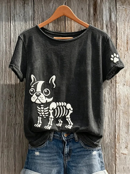 Women's Halloween Skull Boston Terrier Pattern Art Print Casual T-shirt