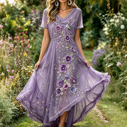 Women's Vintage Purple Floral And Hummingbird Embroidered Art Linen Casual V Neck Maxi Dress